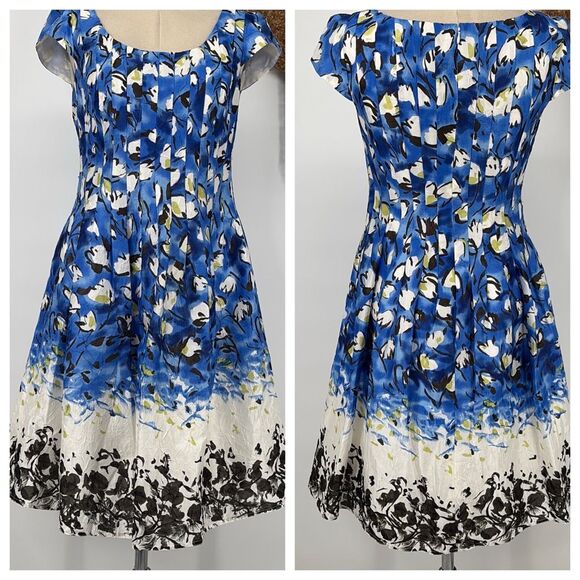 Kay Unger Pleated‎ Floral Fit Flare MIDI Dress Silk Cotton Cap Sleeve Blue 8 - Picture 1 of 16